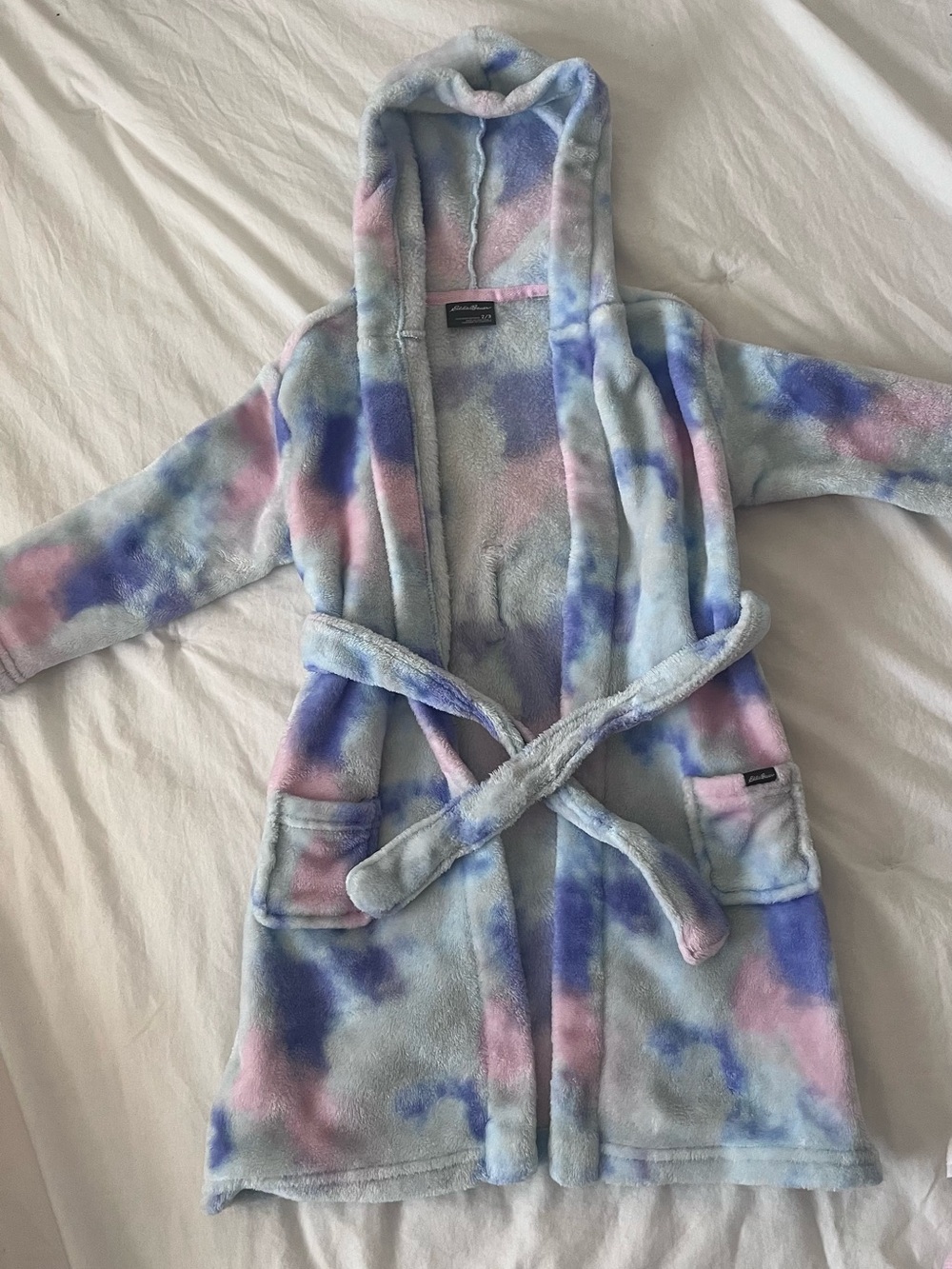 Eddie Bauer Kids Plush Hooded  Bath Robe in Light Blue, Pink & Purple Tie-Dye